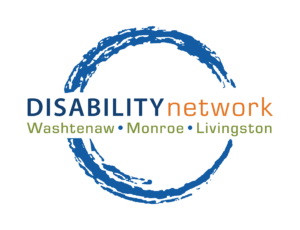DNWML Main Logo Blue swoosh circle outline. In the middle of the circle, "DISABILITY network" in navy and orange, respectively. Below that, "Washtenaw, Monroe, Livingston" in green.
